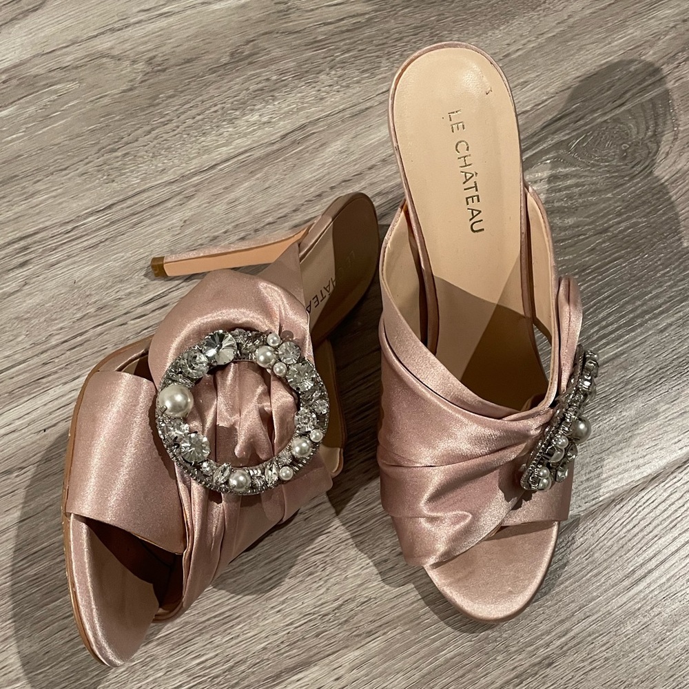 Dusty pearl rose slip on heels with gem stone design